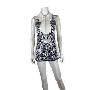 Vintage 70s Tunic Top Womens M Purple Psychedelic Print Zip Up Collared Polyeste